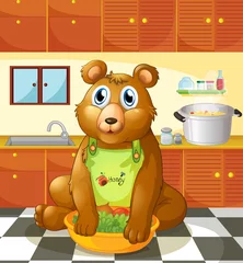 Selbstklebende Fototapete Bären Ein Bär hält eine Schüssel Gemüse in der Küche