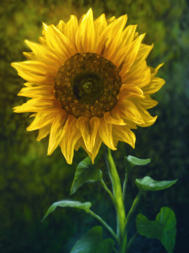 Digital painting of a large yellow Sunflower in a graden