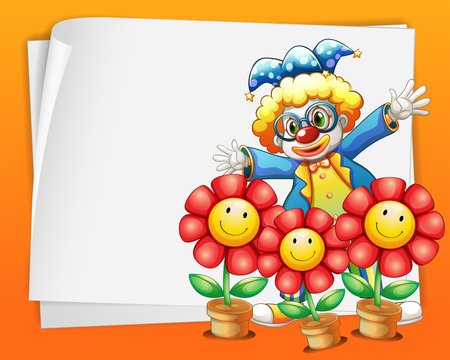 An empty paper with a clown and pots of flowers