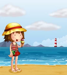 Poster Een jong meisje dat een ijsje eet aan de kust © GraphicsRF