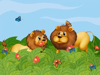 Fototapeten Zwei Löwen im Garten mit Schmetterlingen © GraphicsRF