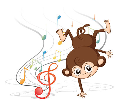 A monkey dancing with musical notes