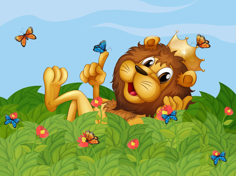A lion in the garden with butterflies