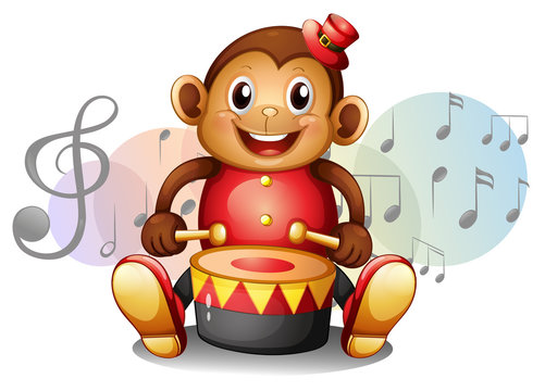 A monkey playing with the drum