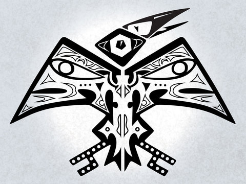 Digital illustration of a symmetrical native american folk-art stylized mythical bird creature
