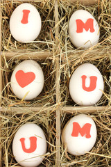 Decorative Easter eggs in wooden basket close up