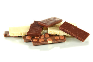 Dark, white chocolate  and chocolate with nuts, isolated