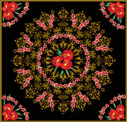square design with red flowers on dark background