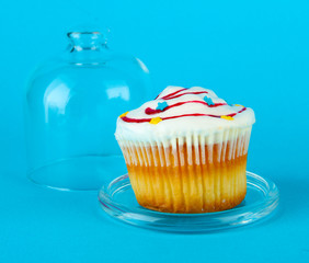 Cupcake on saucer with glass cover, on color background