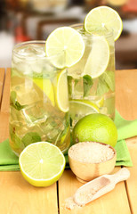 Glasses of cocktail with lime and mint