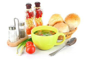 Fragrant soup in cup isolated on white