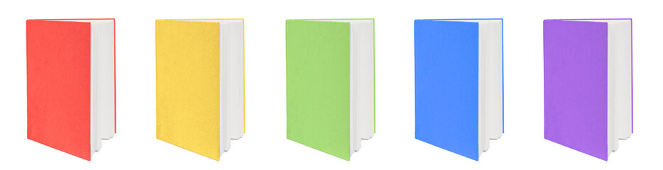 Five colorful books. Isolated on white background.