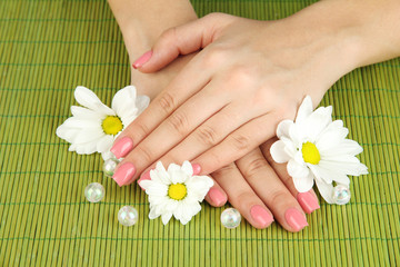 Obraz na płótnie Canvas Woman hands with pink manicure and flowers,