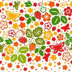 Colorful strawberry flowers seamless pattern, vector