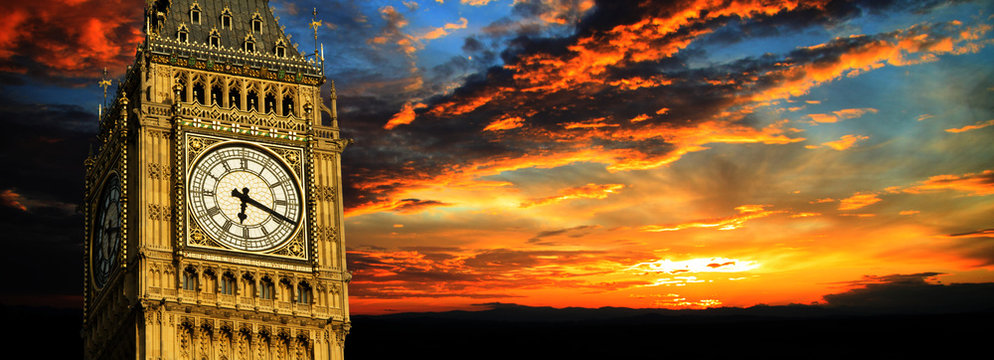 Big Ben At Sunset Panorama, London