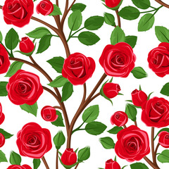 Seamless background with branches of red roses. Vector.
