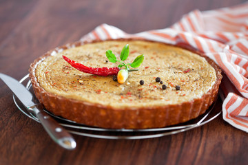 Tart with chicken liver and pepper, selective focus