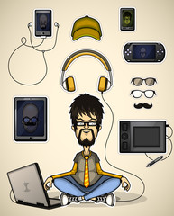 User with a laptop meditates surrounded devices