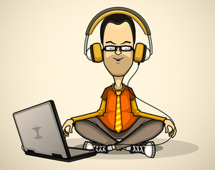 User in orange shirt and glasses with a laptop meditates