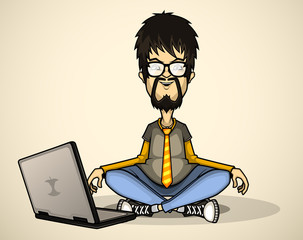 User in gray shirt and glasses with a laptop meditates