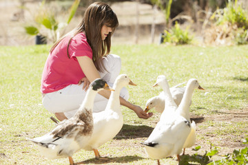 Cute young woman feeding ducks in a farm