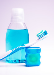 Dental hygiene - mouthwash, toothbrush and tooth floss
