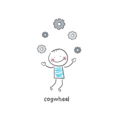 A man juggles gears. Illustration.
