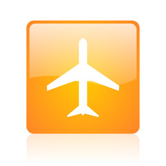 airplane orange square glossy web icon
