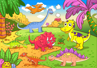 Cute dinosaurs in prehistoric scene