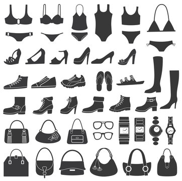 Set of vector silhouettes: shoes, swimwear and accessories.
