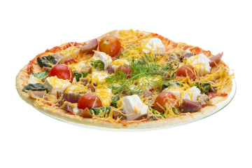 Handmade pizza with cheese and salami