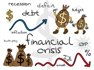 Financial crisis cartoon set. Funny money bags going forward.