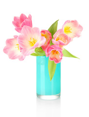 Naklejka na ściany i meble Pink tulips in bright vase, isolated on white