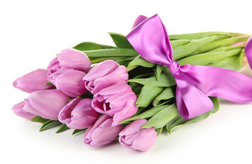 Beautiful bouquet of purple tulips, isolated on white