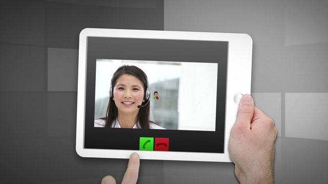 Montage of a tablet showing a call centre situation