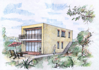 Modern house sketch by color pencils