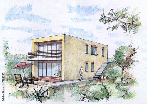 "Modern house sketch by color pencils" Stock photo and royalty-free