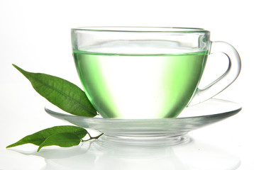 Transparent cup of green tea, isolated on white