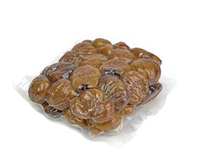 Vacuum packed chestnuts on a white background