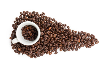heap of coffee beans with cup