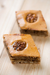 Baklava: asian cuisine made of pastry, chopped nuts and honey