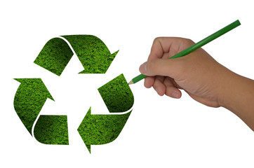 hand drawing recycle sign on white background