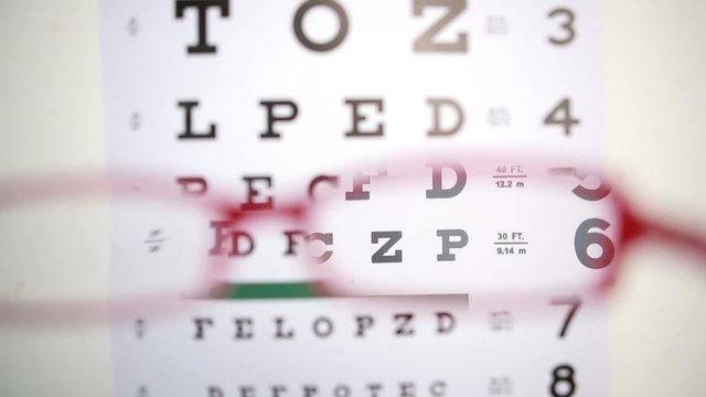 Glasses trying to read letters on reading test