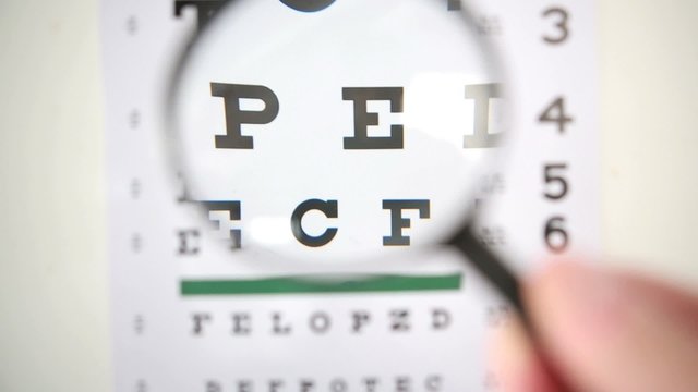 Magnifying glass scanning over eye test