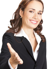 Businesswoman giving hand for handshake, on white