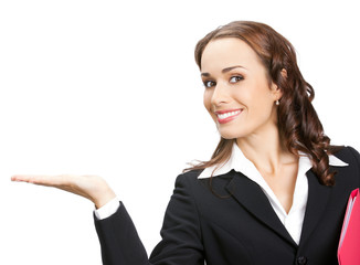 Businesswoman showing, isolated on white