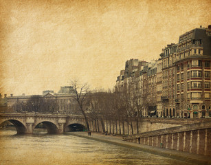 Plakat Seine. Zdjęcia w stylu retro. Tekstury papieru.