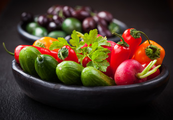 Raw snack vegetable with olives