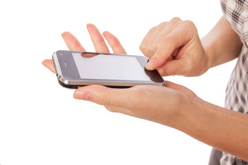 A woman uses a mobile phone