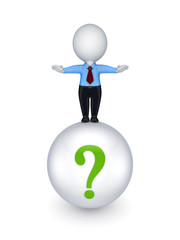 Small person standing on a ball with a query mark.